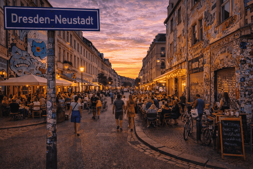 Dresden-Neustadt mit Streetart, Cafés und belebtem Straßenleben