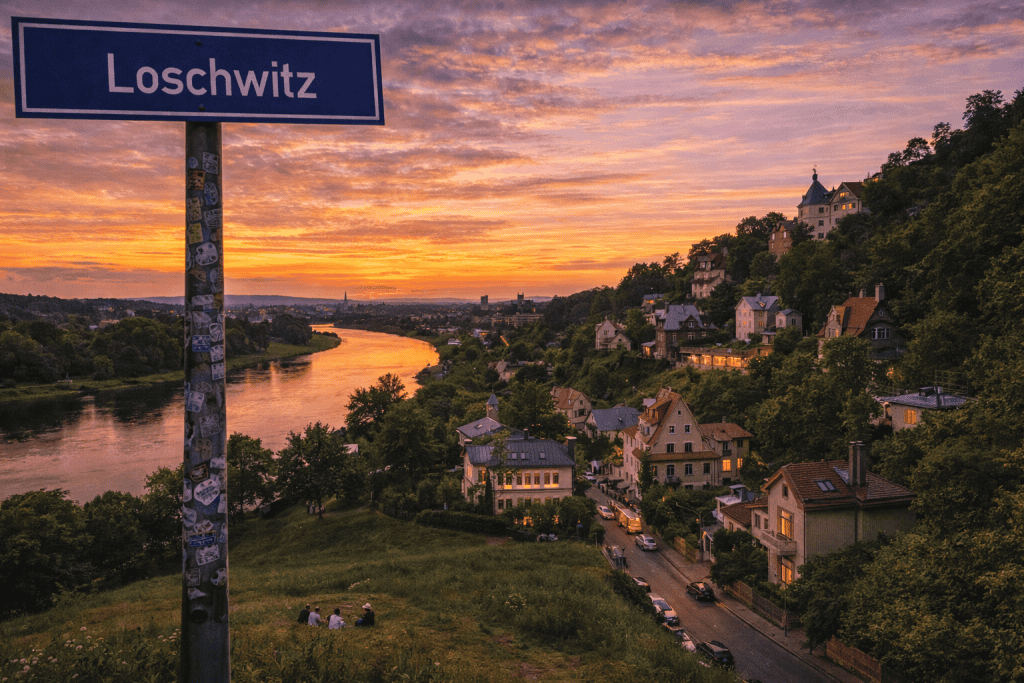 Loschwitz Dresden mit Elbblick, Häusern am Hang und grüner Umgebung