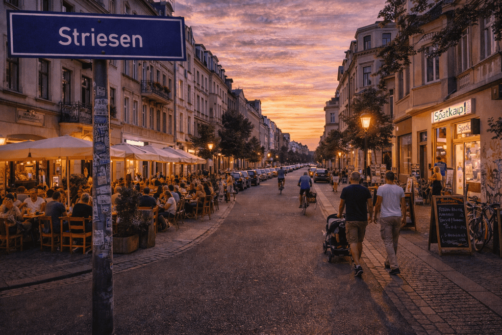 Striesen Dresden mit Altbauten, Straßencafés und Wohnatmosphäre