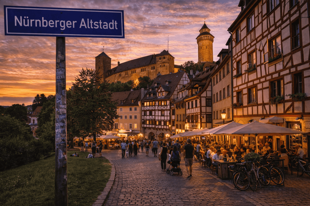Nürnberger Altstadt mit Kaiserburg, Fachwerkhäusern und Stadtleben