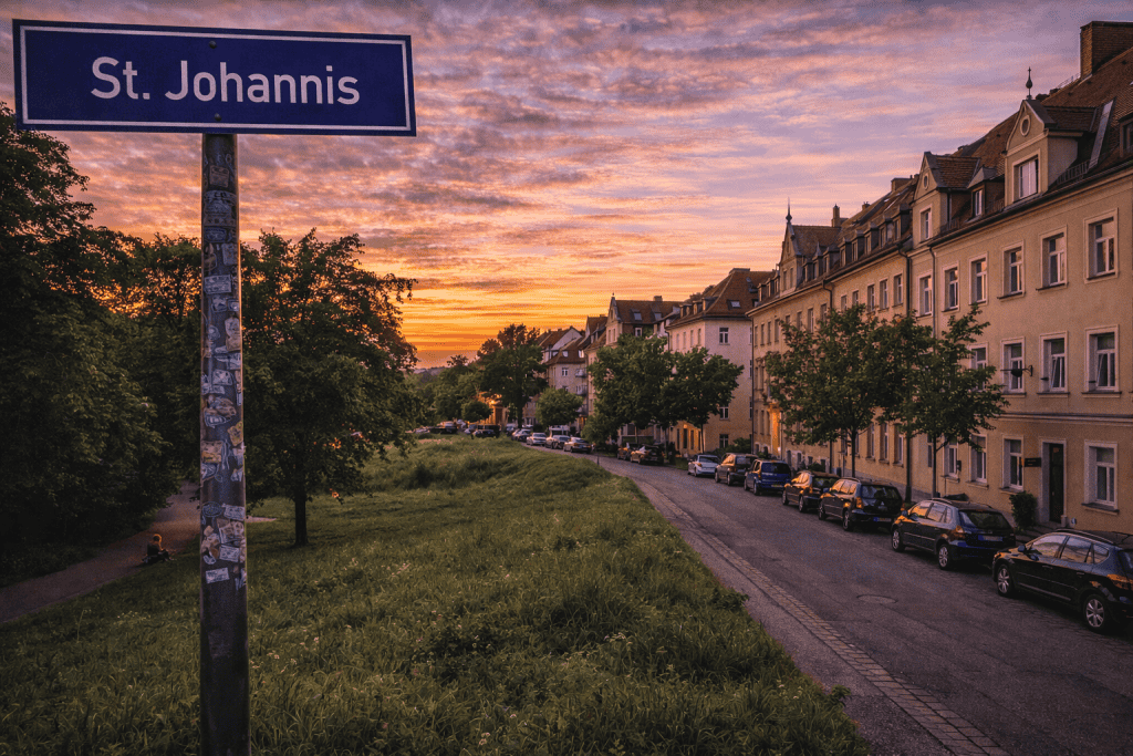 St. Johannis Nürnberg mit Wohnhäusern, Grünflächen und ruhiger Straße