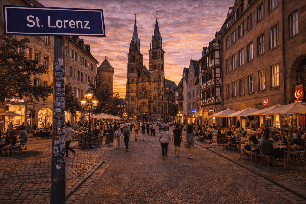 St. Lorenz Nürnberg mit Innenstadtflair, Passanten und historischen Gebäuden