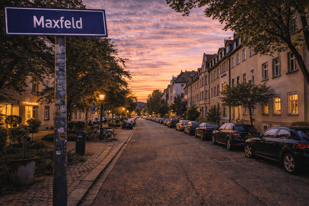 Maxfeld Nürnberg mit Altbauten, Bäumen und ruhiger Wohnstraße