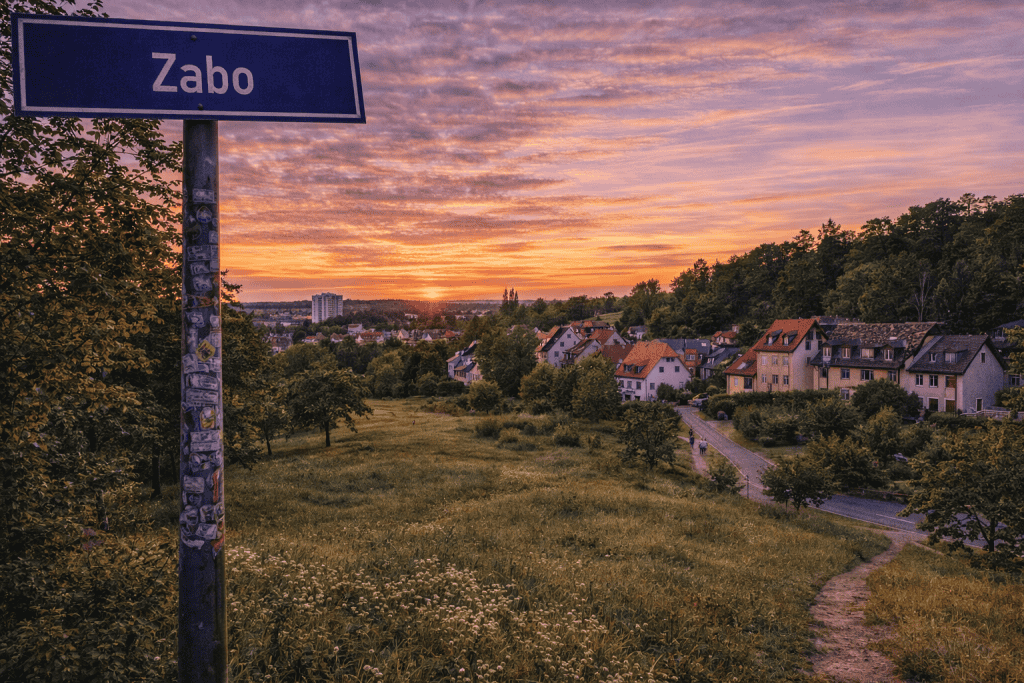 Zabo Nürnberg mit Grünflächen, Wohnhäusern und naturnaher Umgebung