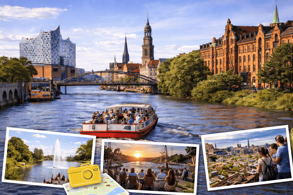 Hamburg Skyline mit Hafen, Elbe und Elbphilharmonie bei Tageslicht