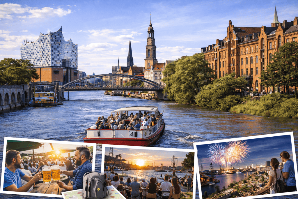 Hamburg Skyline mit Hafen, Elbe und Elbphilharmonie am Wochenende