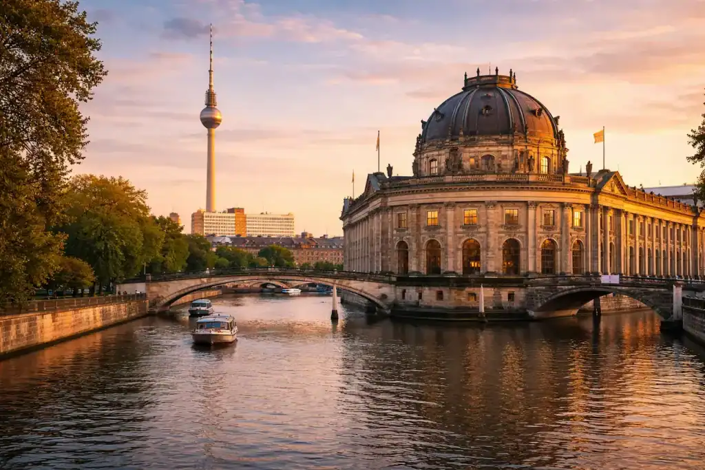 Museumsinsel mit dem Berliner Fernsehturm im Hintergrund und der Spree