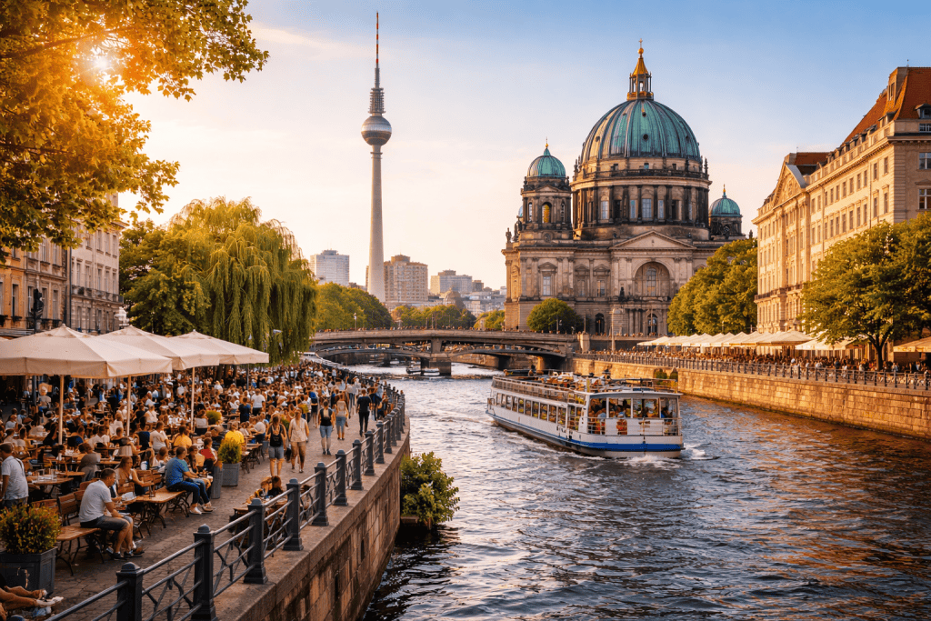 Panoramablick auf Berlin-Mitte mit Spree, Museumsinsel, Berliner Dom und urbaner Stadtszene