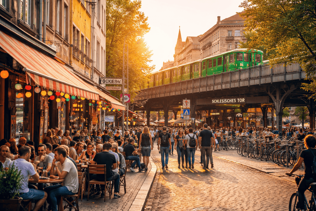 Belebte Straße im Berliner Viertel Kreuzberg mit Cafés, Altbauten und urbaner Atmosphäre