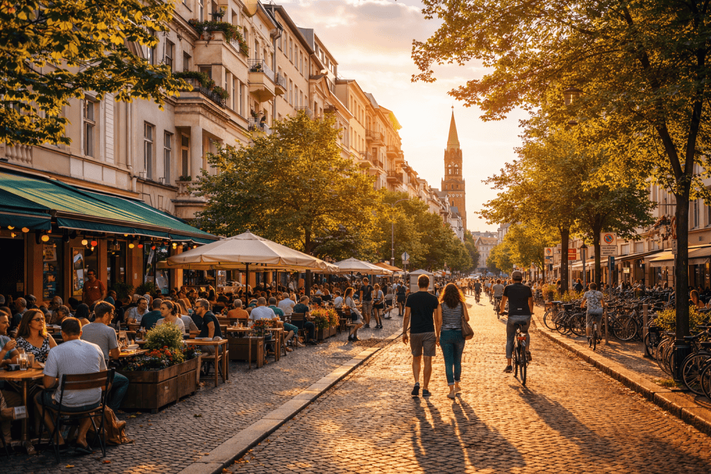 Baumgesäumte Straße im Berliner Viertel Prenzlauer Berg mit Altbauten, Cafés und entspannter Atmosphäre