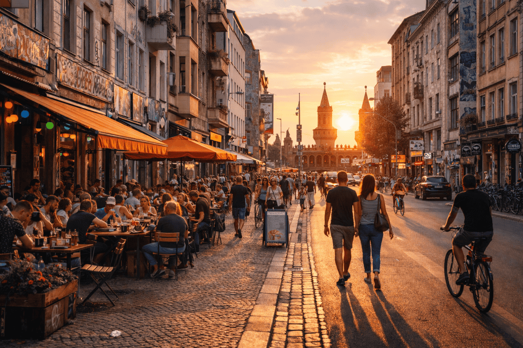 Lebendige Straßenszene im Berliner Viertel Friedrichshain mit Street Art, Cafés und urbaner Atmosphäre