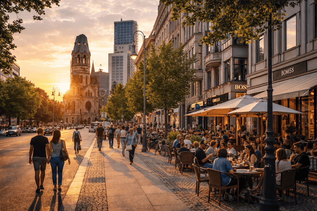 Breite Straße im Berliner Viertel Charlottenburg mit klassischer Architektur, Cafés und ruhiger Atmosphäre