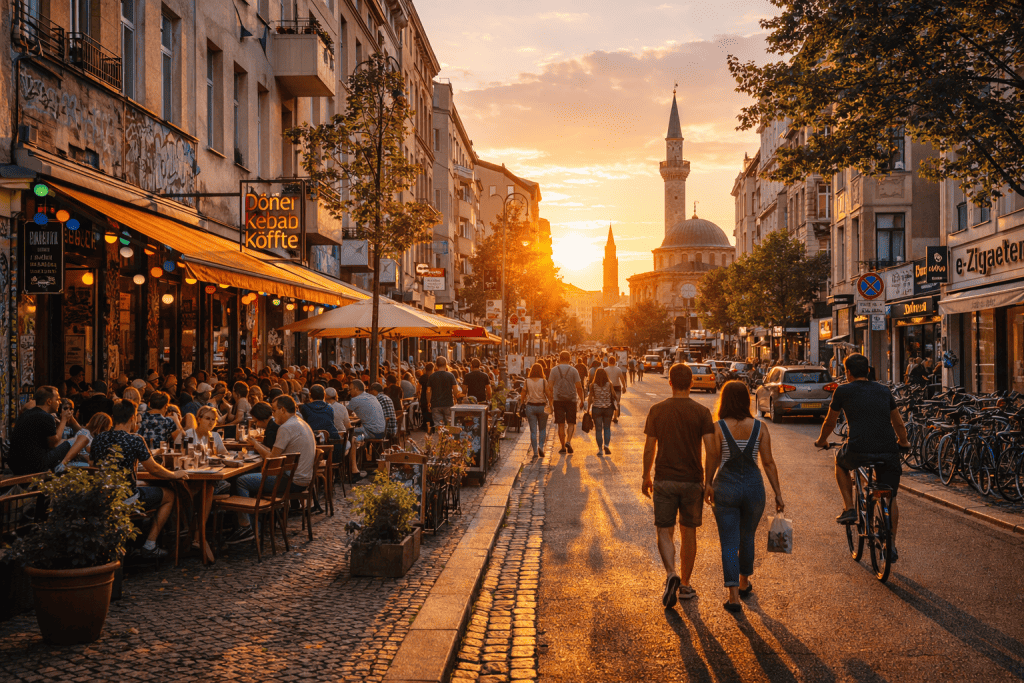Belebte Straßenszene im Berliner Viertel Neukölln mit Cafés, internationalem Flair und urbaner Atmosphäre