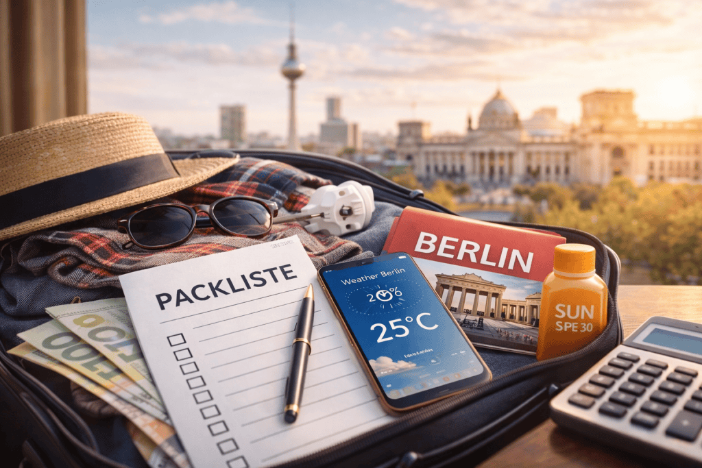 Reisevorbereitung für Berlin mit Packliste, Stadtplan und Reiseutensilien