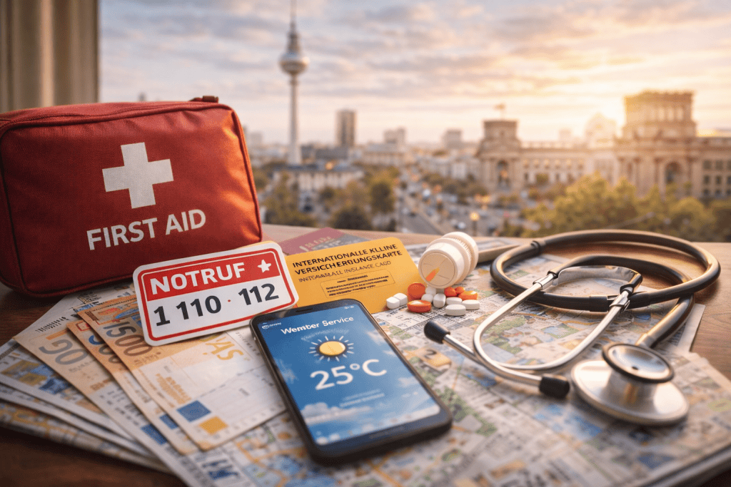 Gesundheit und Sicherheit auf Reisen in Berlin mit Erste-Hilfe-Set und Stadtumgebung