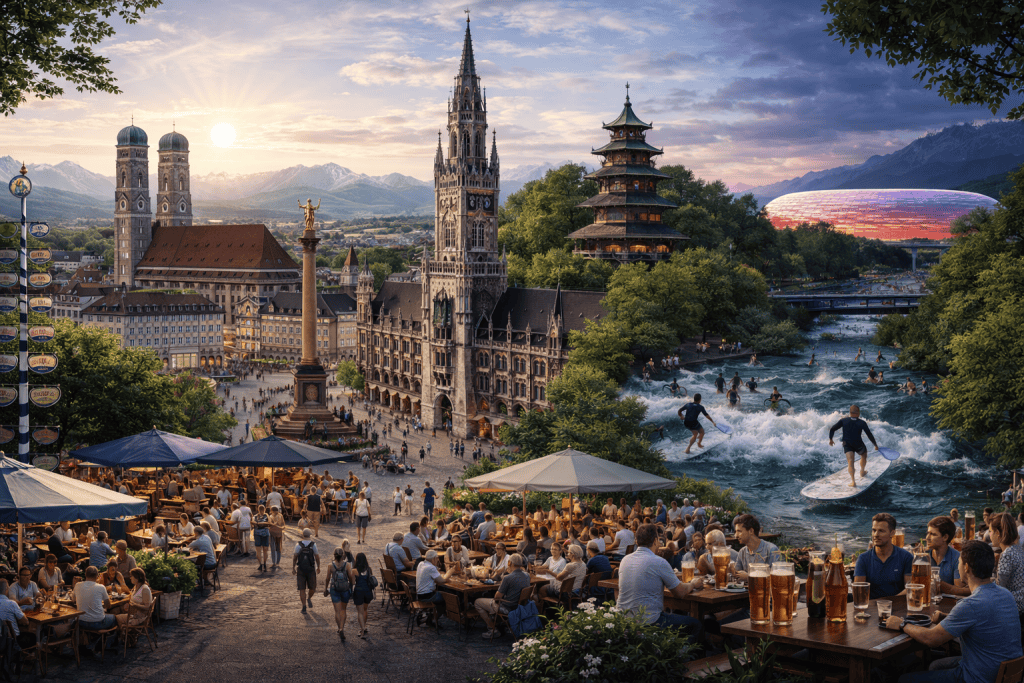 München Altstadt mit Marienplatz und Frauenkirche an einem sonnigen Tag