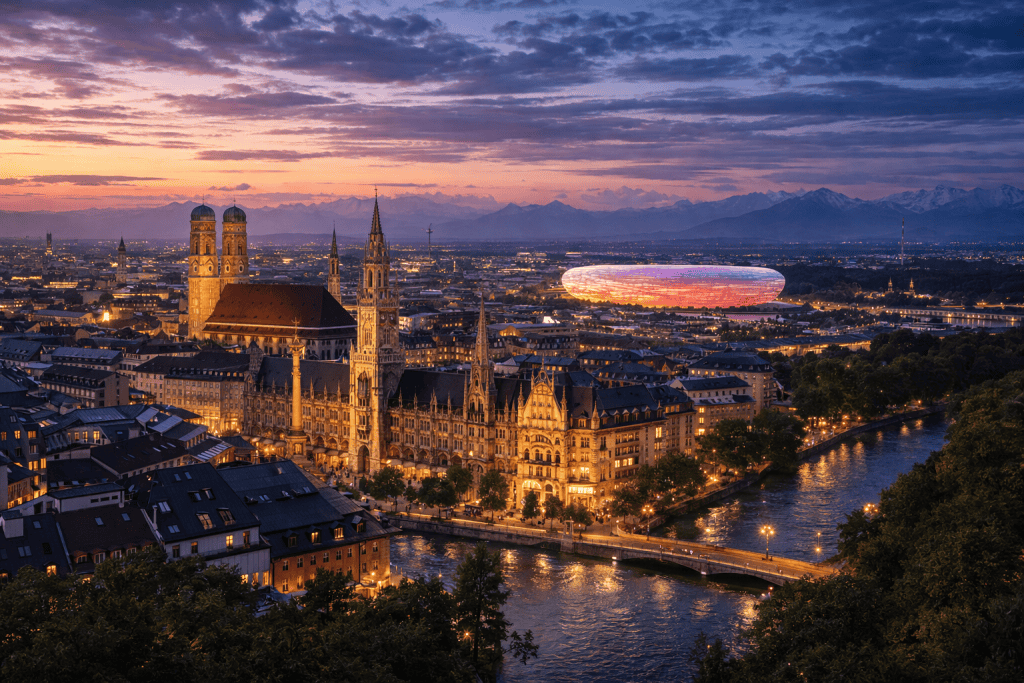 München Skyline mit Altstadt und Frauenkirche bei Tageslicht