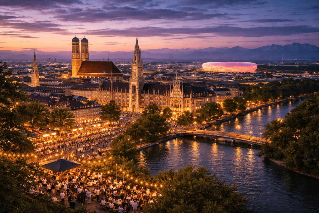 München Skyline mit Altstadt und Frauenkirche an einem Wochenende