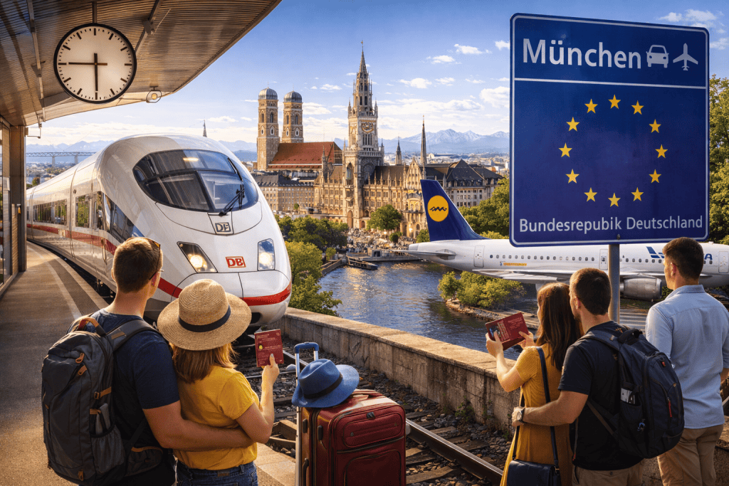 Ankunft in München mit Koffer, Flugzeug und Stadtblick
