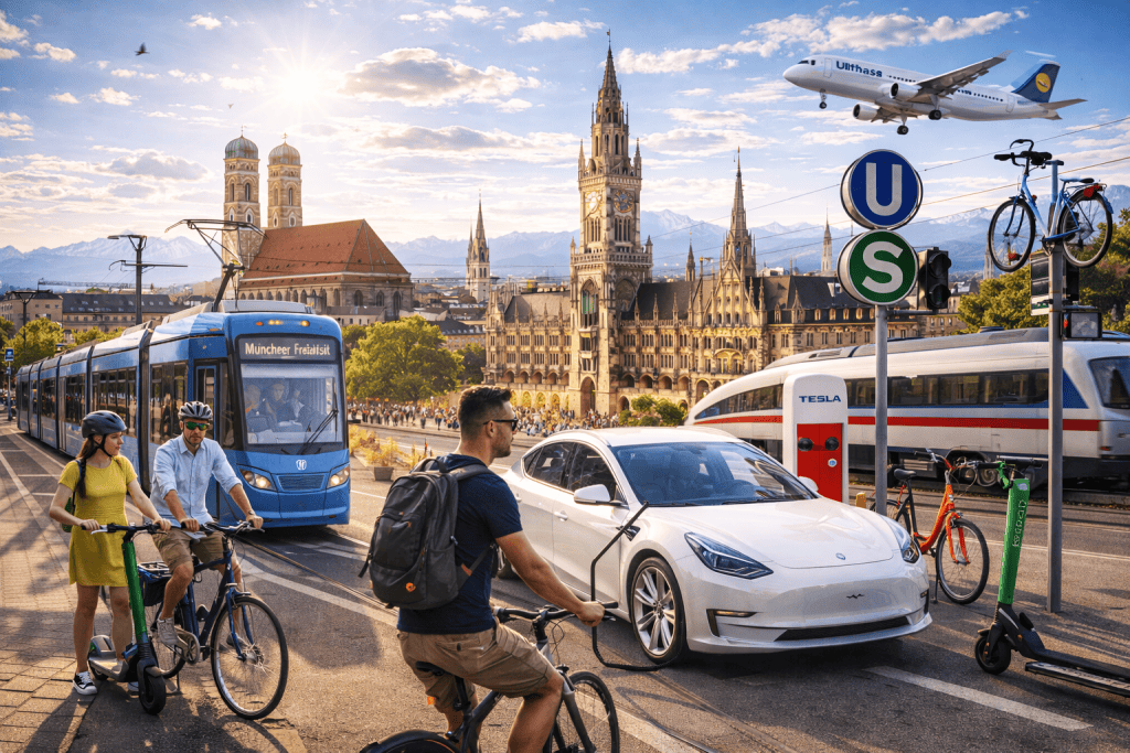 Stadtverkehr in München: Fahrradfahrer, Tram und Auto vor dem berühmten Münchner Rathaus bei Sonnenlicht.