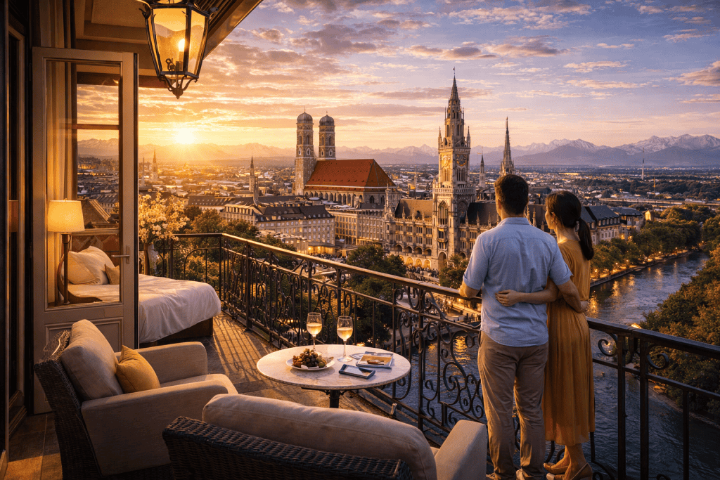 Hotelzimmer mit Blick auf die Münchner Innenstadt