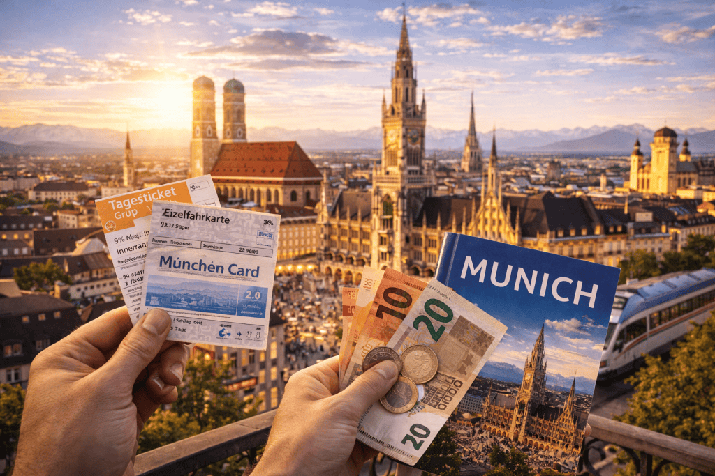 München Card, Tickets und Reisebudget auf einem Tisch