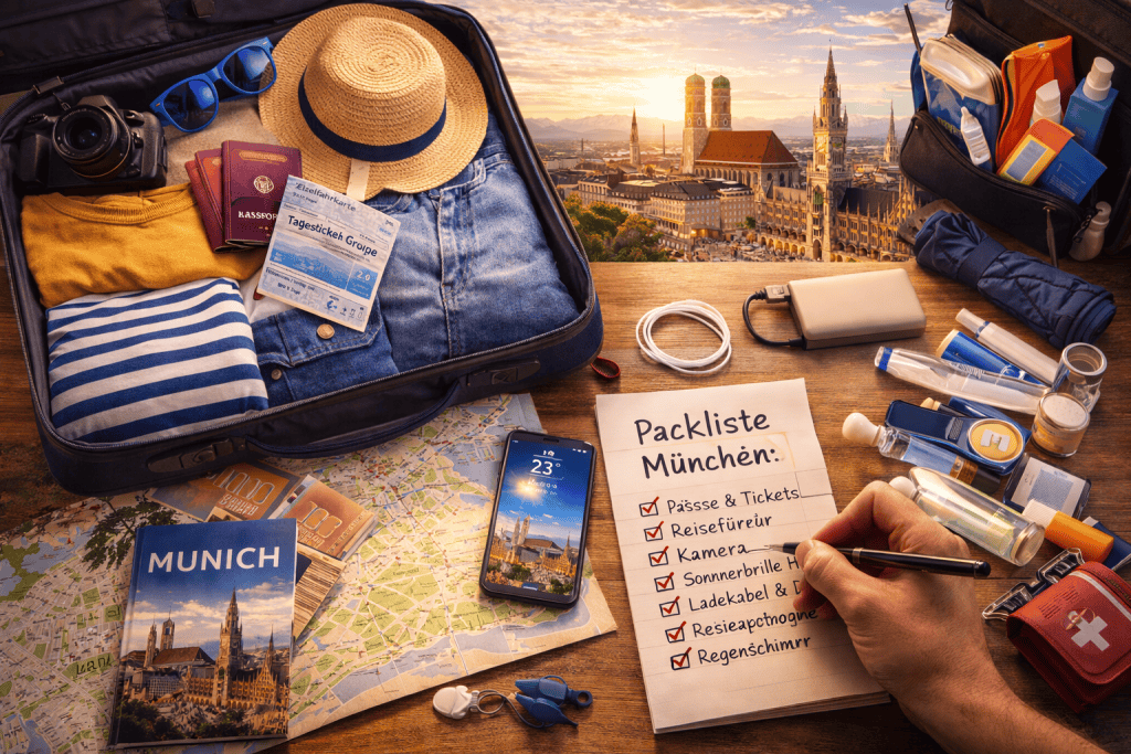 Packliste und Reisevorbereitung für München mit Smartphone, Notizblock und Stadtblick
