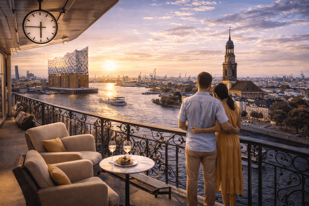 Hotelzimmer mit Blick auf die Hamburger Innenstadt