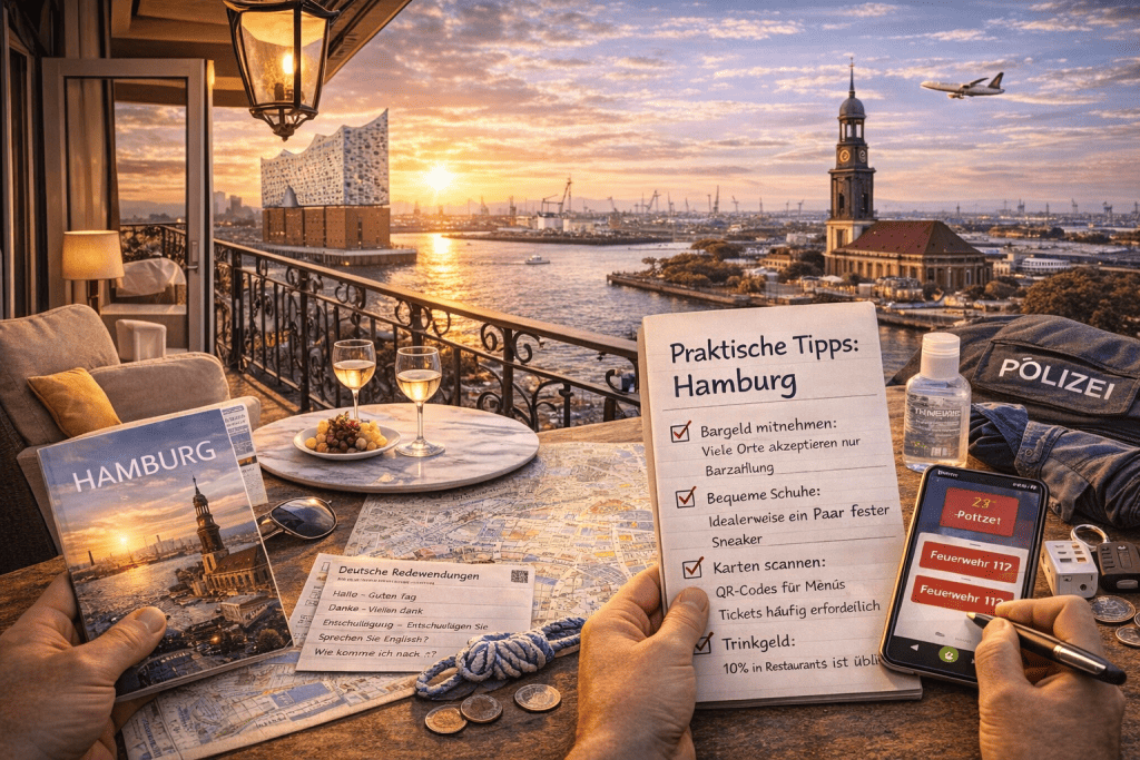 Smartphone mit Hamburg-Guide App, WLAN-Hotspot und Stadtkarte