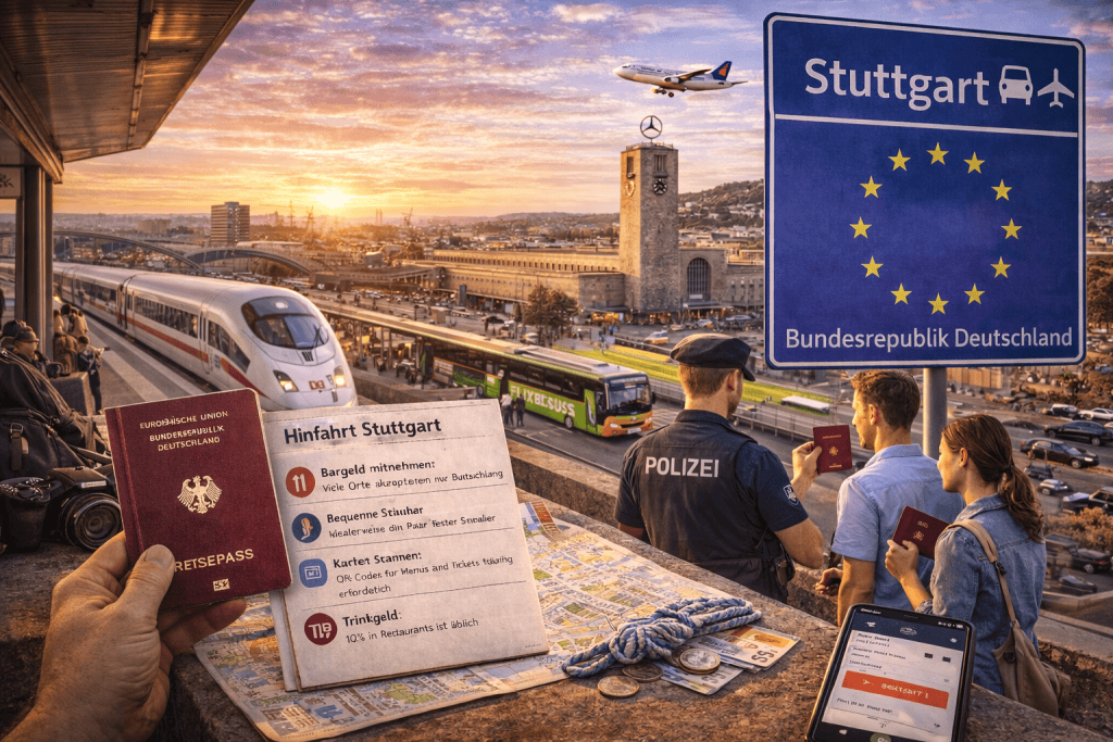 Anreise nach Stuttgart mit Gepäck, Flughafen Stuttgart und urbanem Reisemotiv