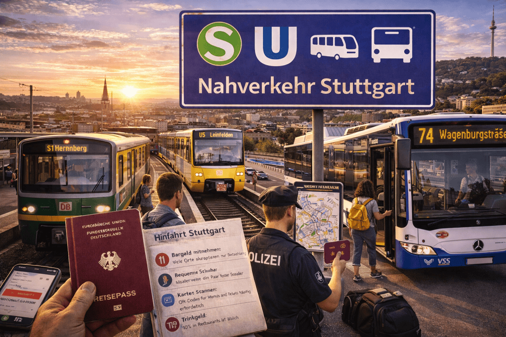 Öffentlicher Nahverkehr und Mobilität in Stuttgart mit Stadtbahn, Fahrrad und urbaner Stadtszene