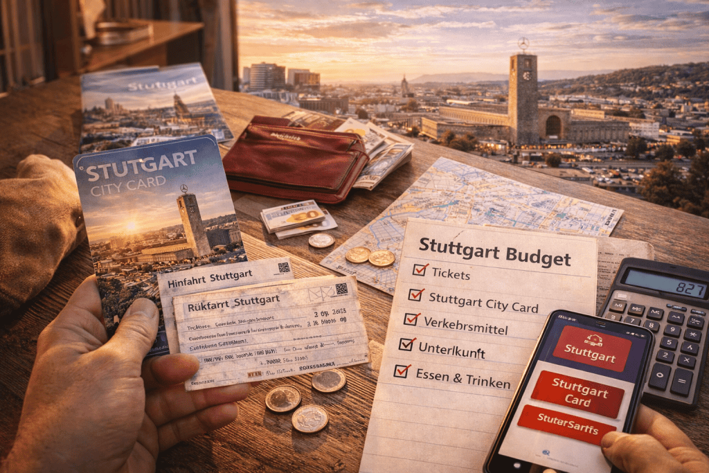 Stuttgart City Card, Tickets und Reisebudget auf einem Tisch