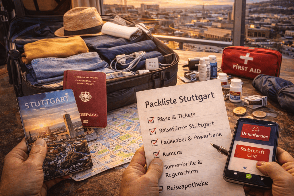 Packliste für Stuttgart mit Kleidung, Reiseführer und Smartphone
