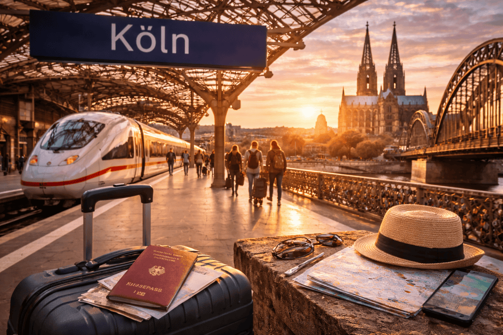 Ankunft in Köln mit Koffer, Bahnhof und Innenstadtblick