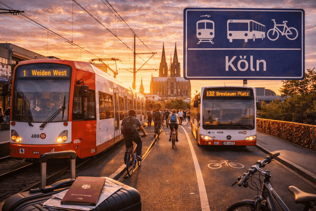 Öffentlicher Nahverkehr in Köln mit Straßenbahn, Bus und Fahrrad