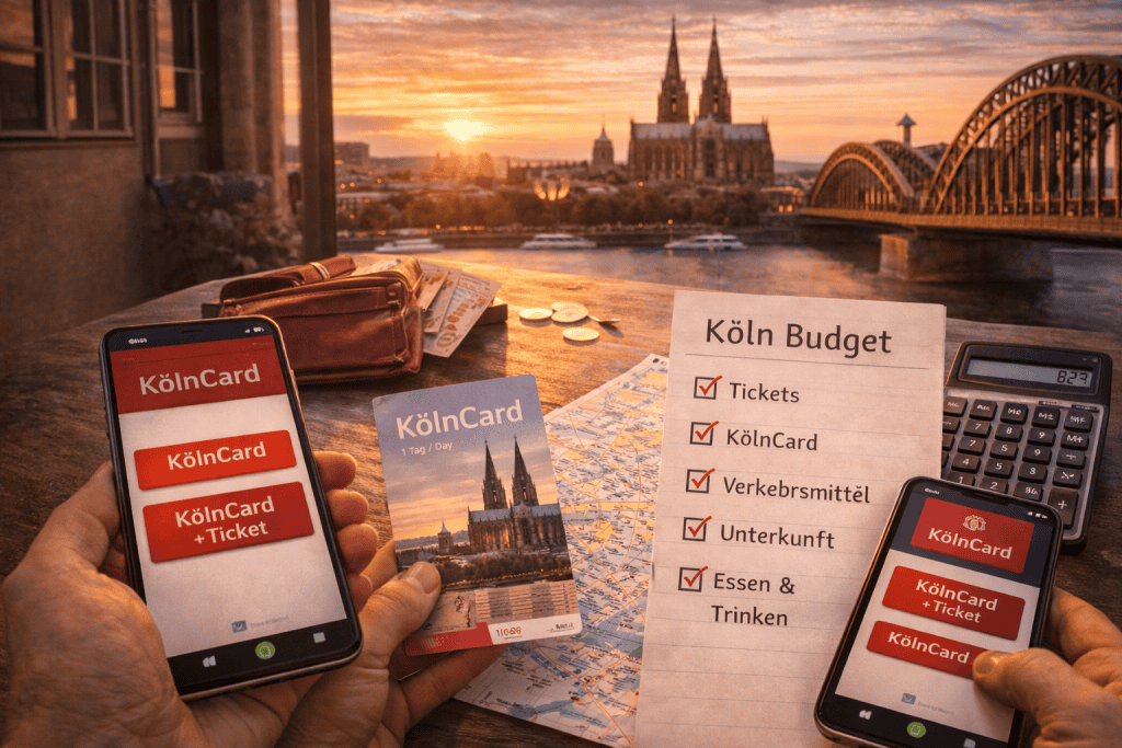 KölnCard, Tickets und Reisebudget auf einem Tisch