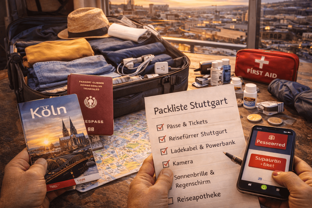 Packliste für Köln mit Kleidung, Reiseführer und Smartphone