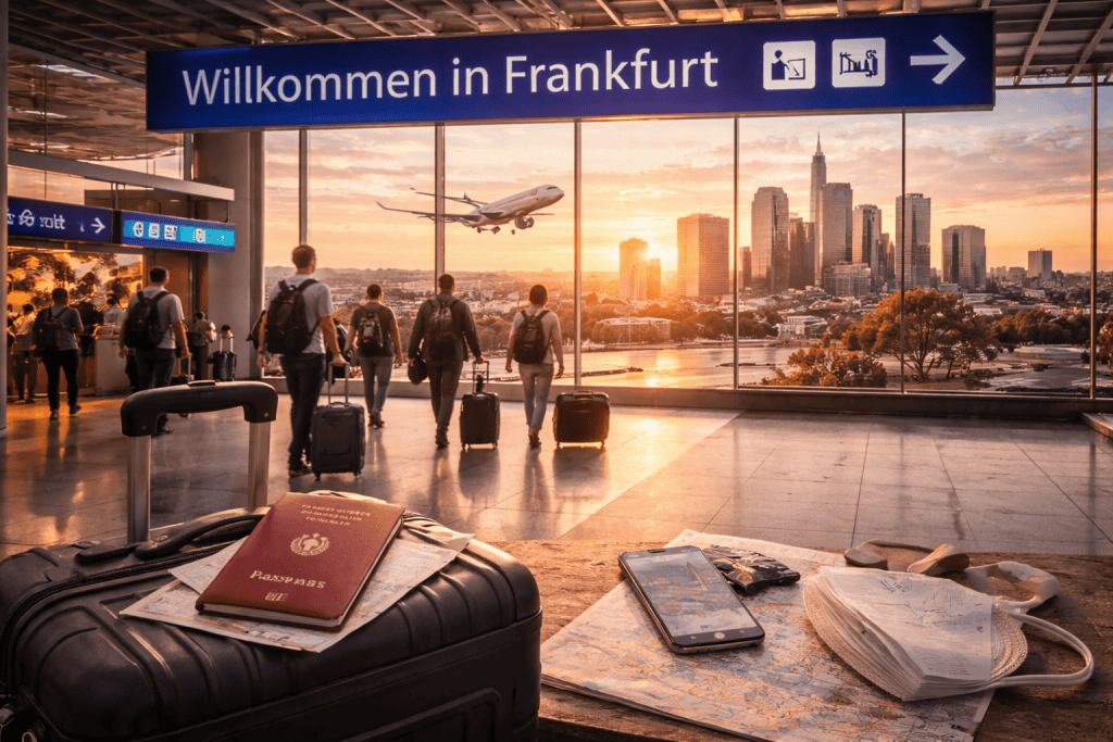 Ankunft in Frankfurt mit Koffer, Flughafen und Skyline