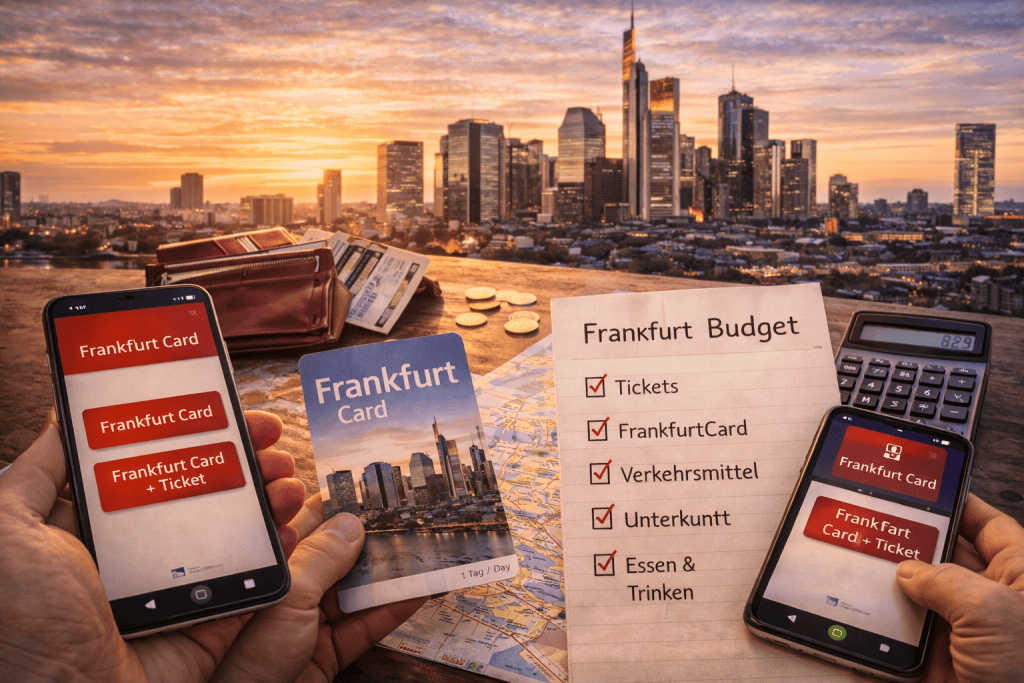 Frankfurt Card, Tickets und Reisebudget auf einem Tisch