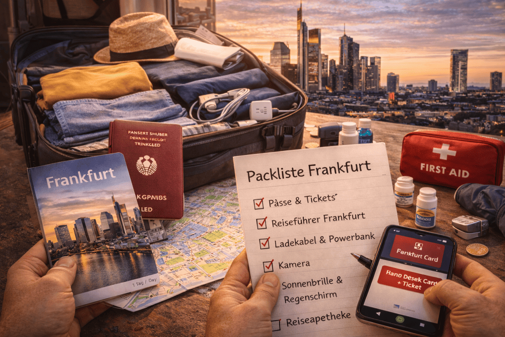 Packliste für Frankfurt mit Kleidung, Reiseführer und Smartphone
