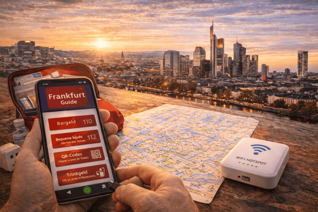 Smartphone mit Frankfurt-Guide App, WLAN-Hotspot und Stadtkarte