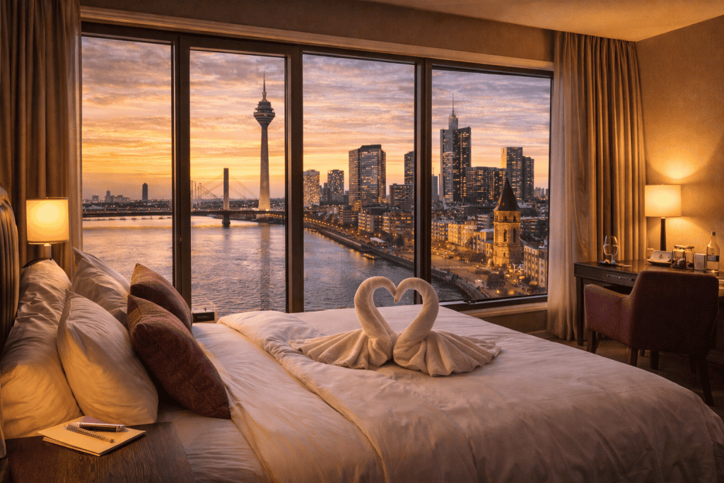 Hotelzimmer mit Blick auf die Düsseldorfer Innenstadt