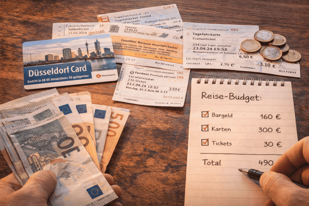 Düsseldorf Card, Tickets und Reisebudget auf einem Tisch