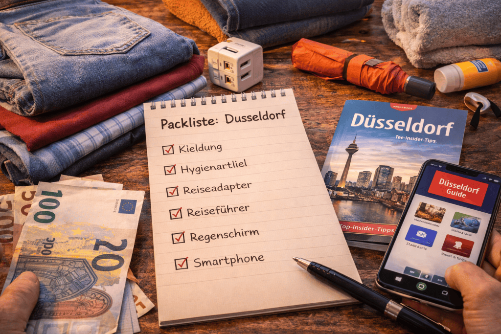 Packliste für Düsseldorf mit Kleidung, Reiseführer und Smartphone
