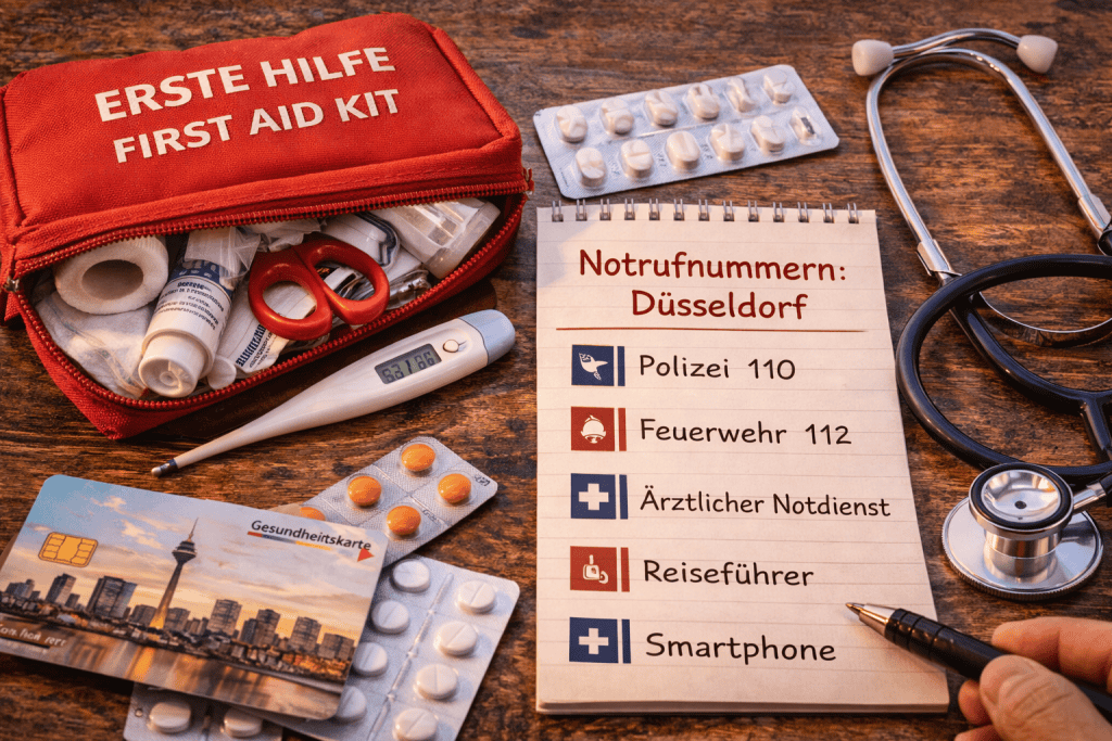Erste-Hilfe-Set und Notrufnummern für Reisende in Düsseldorf