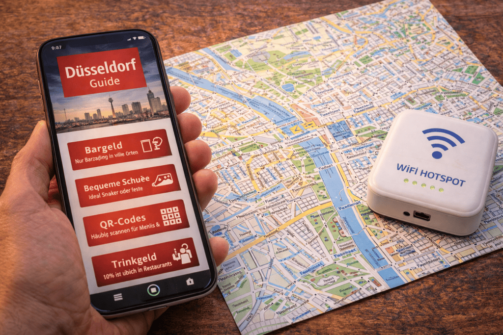 Smartphone mit Düsseldorf-Guide App, WLAN-Hotspot und Stadtkarte