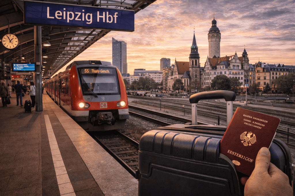 Ankunft in Leipzig mit Koffer, Hauptbahnhof und Innenstadtblick