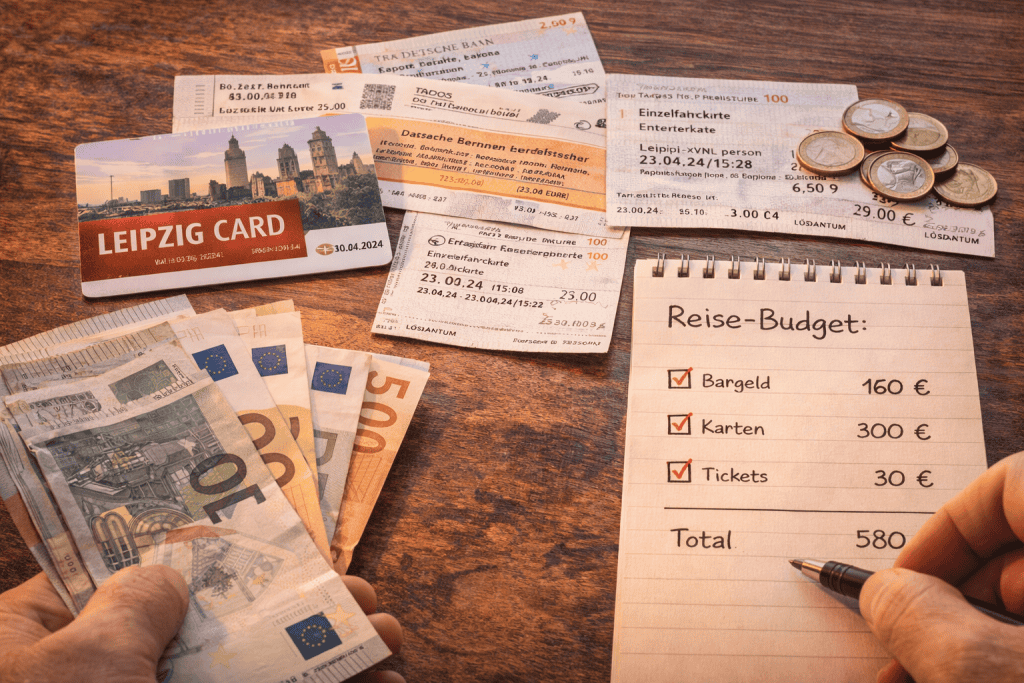 Leipzig Card, Tickets und Reisebudget auf einem Tisch