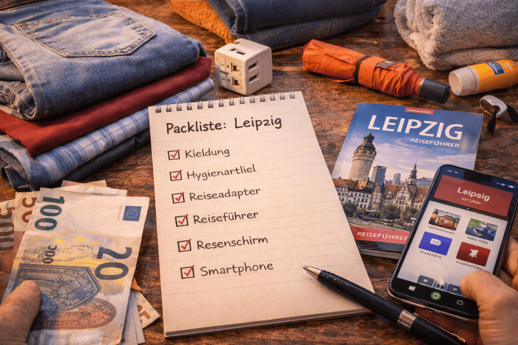 Packliste für Leipzig mit Kleidung, Reiseführer und Smartphone