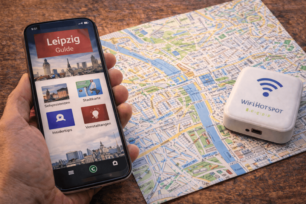 Smartphone mit Leipzig-Guide App, WLAN-Hotspot und Stadtkarte